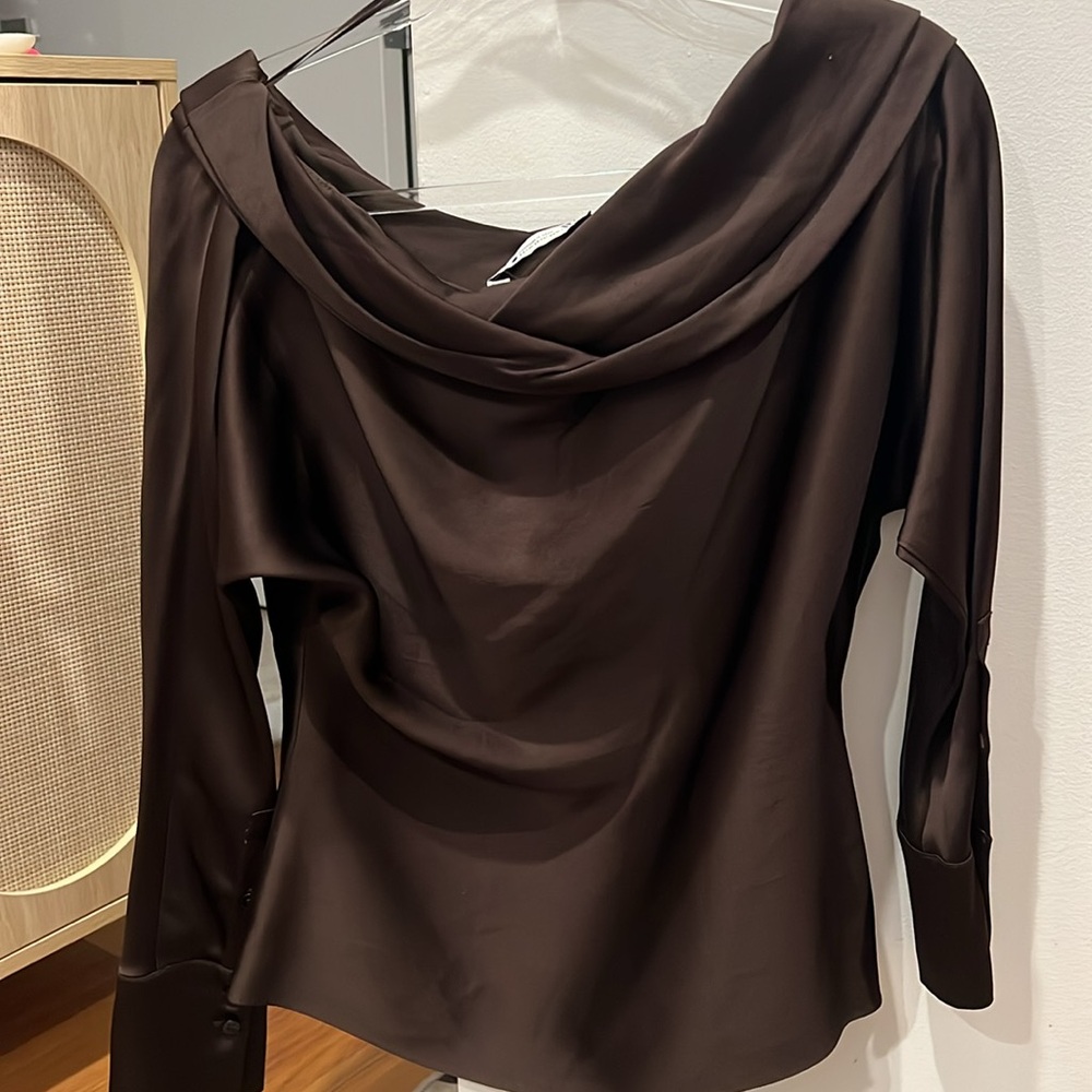 NEW WITH TAGS - SOLD OUT Brown Satin Zara Off the Shoulder Top